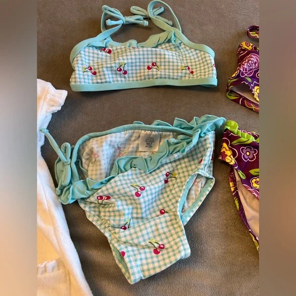 12 month girls swimsuit 2 piece lot with pool terry cover up cherry flowers - Picture 5 of 7